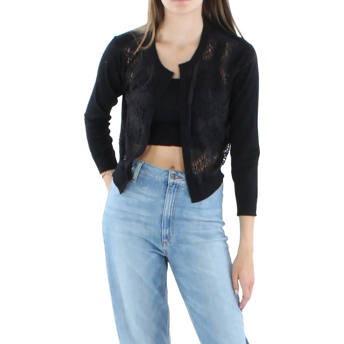 DKNY Womens Open Front Crop Cardigan Sweater